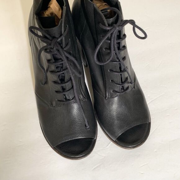 Marsell Peep Toe Booties Lace Up 38.5 US 8.5 Black Leather Block Heel - Picture 3 of 8